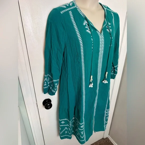 SOFT Surroundings Tropical Green JOLIE EMBROIDERED Cotton MIDI Dress PXL #1619 - Picture 2 of 12